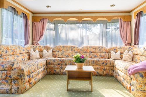 ein Wohnzimmer mit Couch und Tisch in der Unterkunft Basislager für Harz und Städtetour Leipzig, Magdeburg, Dessau, Halle, Quedlinburg uvm in Wörbzig