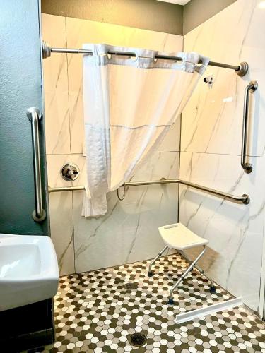 a bathroom with a shower with a sink and a toilet at Microtel Inn & Suites by Wyndham Austin Airport in Austin