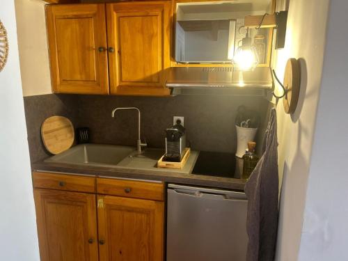 une cuisine avec des armoires en bois et un évier dans l'établissement Appartement montagne, à Andon