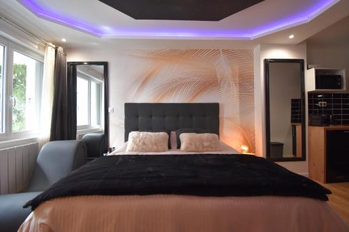a bedroom with a large bed with a purple lighting at Suite Luxe Balnéo & Sauna coeur du Havre, exterieur prive in Le Havre