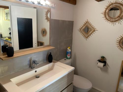 une salle de bain avec un lavabo et un miroir et des toilettes dans l'établissement Appartement montagne, à Andon
