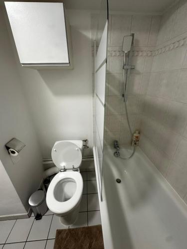 une salle de bain avec toilettes et baignoire dans l'établissement Appartement Spacieux Domont 25 min Paris, à Domont