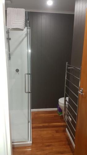 a bathroom with a shower and a toilet at Island Time in Mount Maunganui
