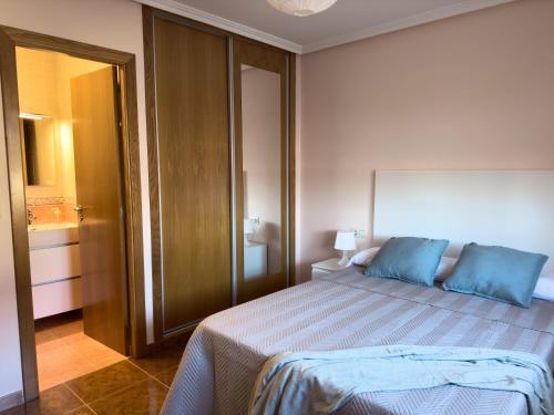 a bedroom with a large bed with blue pillows at O Nido de Noe in Melide