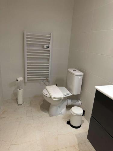 a white bathroom with a toilet and a sink at My Suite in Bourgoin