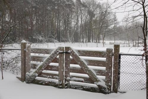 a gate in a field with snow on it at B&B De Vretberg in Enschede