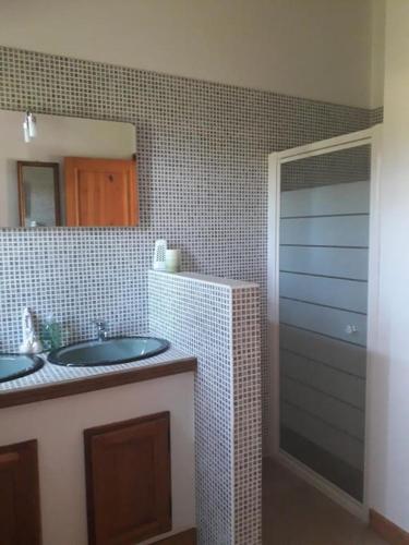 une salle de bain avec un lavabo, un miroir et une douche dans l'établissement Maison au calme dans la verdure, à Raucoules