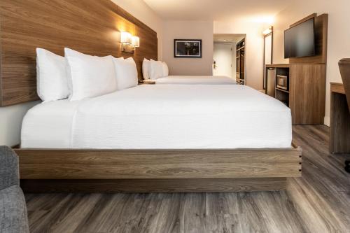 a hotel room with a bed and a television at Atrium Hotel Vancouver in Vancouver