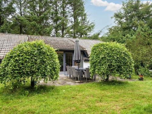 a house with a patio with an umbrella and two bushes at 8 person holiday home in Oksbøl-By Traum in Oksbøl
