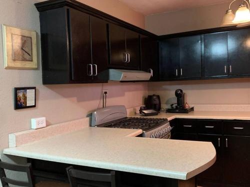 a kitchen with black cabinets and a counter top at casa roble in Mexicali