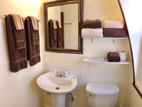 a bathroom with a sink and a mirror and a toilet at Lakeview Terrace Resort in Lewiston