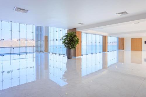 a lobby with glass walls and a potted plant at Courtyard by Marriott Mazatlan Beach Resort in Mazatlán