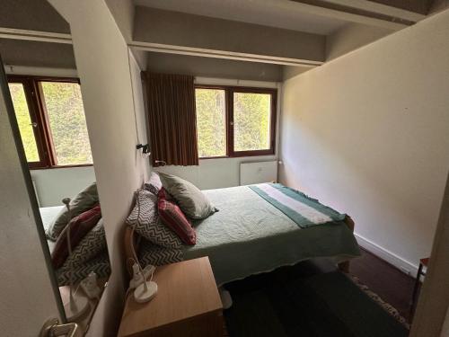 une petite chambre avec un lit et deux fenêtres dans l'établissement Appartement confort 3P · Proche pistes · WIFI · 6 personnes - FR-1-425-225, à Arâches-la-Frasse