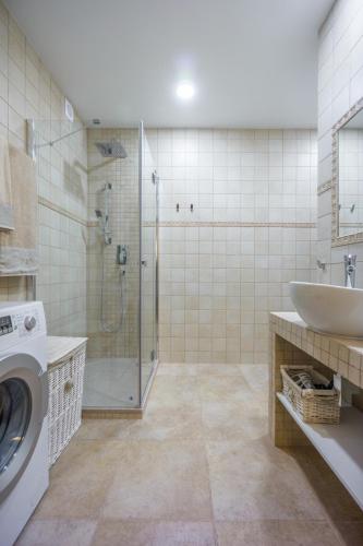 a bathroom with a shower and a sink and a washing machine at Apartament Montagne in Zakopane