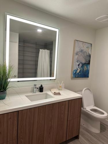 ロサンゼルスにあるCozy apartment in Hollywoodの洗面台、トイレ、鏡のあるバスルーム