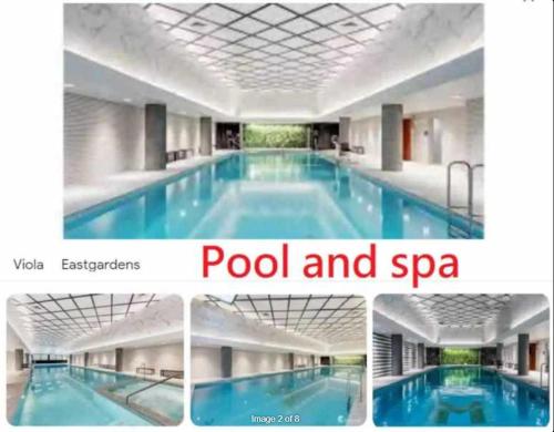 a collage of photos of a pool and spa at Amazing 1 Bedroom Apt with Large living & extra sleeping space -up to 5 ppl Plus Gym Jacuzzi Spa Pool Sauna and Garden with BBQ in Sydney