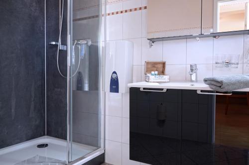 a bathroom with a shower and a sink at Ferienzentrum Yachthafen Rechlin in Rechlin