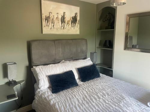 a bedroom with a bed with two blue pillows at Woodbine Cottage-PART OF ALTON COTTAGES in Alton