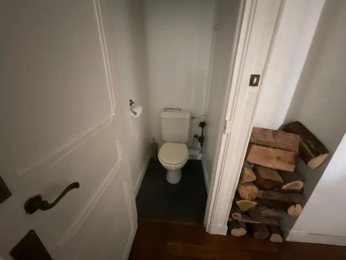 - une petite salle de bains avec des toilettes et un tas de bûches dans l'établissement Nice entire apartment 15 minutes from Paris, à Joinville-le-Pont