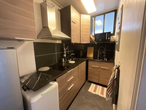 une petite cuisine avec un évier et un réfrigérateur dans l'établissement Nice entire apartment 15 minutes from Paris, à Joinville-le-Pont