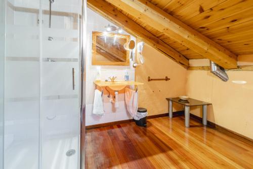 a bathroom with a sink and a shower at La Herrería in Canalejas de Peñafiel