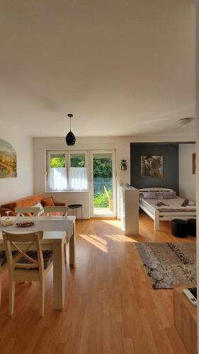 a living room with a table and a couch at Apartman LiBra in Banja Koviljača