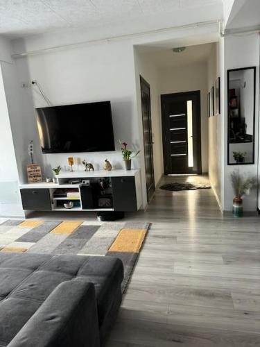 a living room with a couch and a flat screen tv at Jules Cozy Place in Bucharest