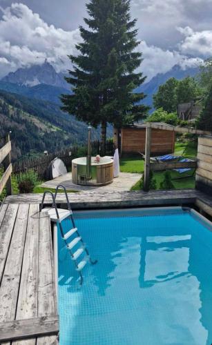 サン・カンディドにあるHotel Almhofのベンチと木と山のあるプール