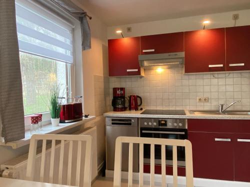 a kitchen with red cabinets and a sink at Bungalow am Hellbach XL im Ostseeland in Neubukow