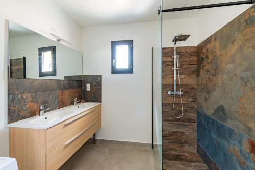 une salle de bain avec un lavabo et une douche dans l'établissement Les Lauriers Roses - Maison climatisée piscine, à Bessas