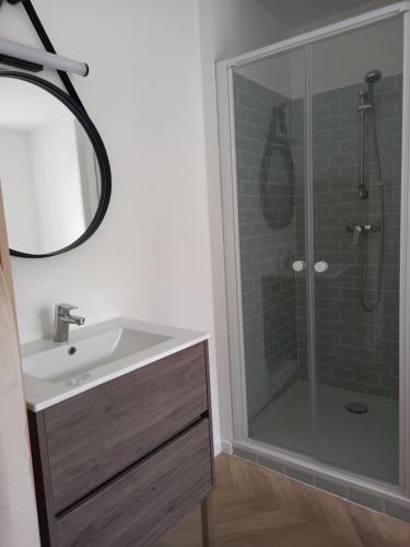 une salle de bain avec un lavabo et une douche avec un miroir dans l'établissement Plat Gousset, à Granville