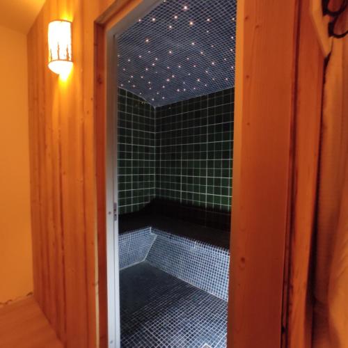 a bathroom with a shower with green tiled walls at Transhumance & cie, Auberge, Appartements & SPA in Bedous