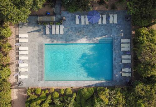 an overhead view of a swimming pool with chairs and trees at Château Hermitage de Combas in Servian
