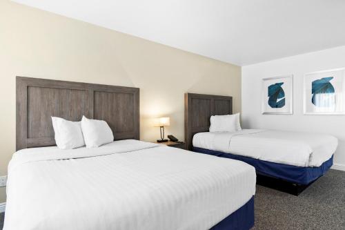 two beds in a hotel room with white sheets at Las Vegas Serene Hotel in Las Vegas