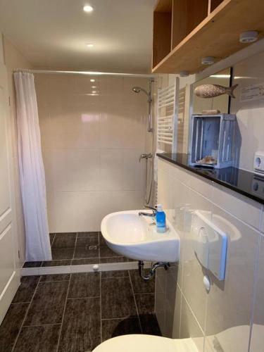 a bathroom with a white sink and a toilet at Apartmenthaus Ostseeluft in Lohme