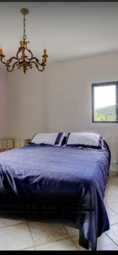 - une chambre avec un lit doté d'une couverture bleue et d'un lustre dans l'établissement Détente et Farniente, à Ceyreste
