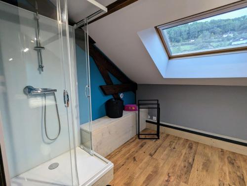 a bathroom with a shower and a skylight at Maison Gite Le Bressaud in La Bresse