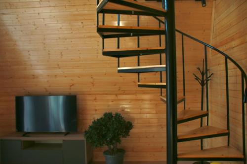 a spiral staircase in a room with a tv at Cottage Lemons In Gonio in Batumi