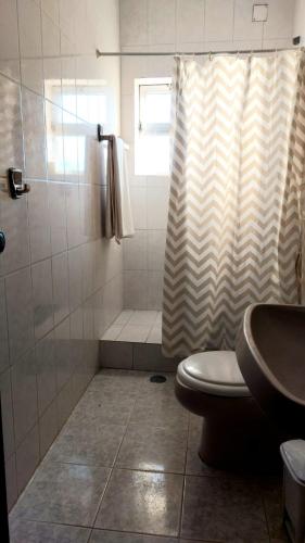 a bathroom with a shower and a toilet and a sink at Mélita Guesthouse in Braga