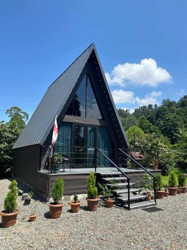 a cabin with a gambrel roof and potted plants at Cottage Lemons In Gonio in Batumi