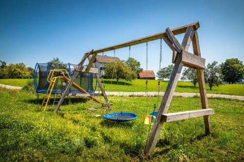 an empty swing set in a grassy field at Schönbergbauer in Schönberg