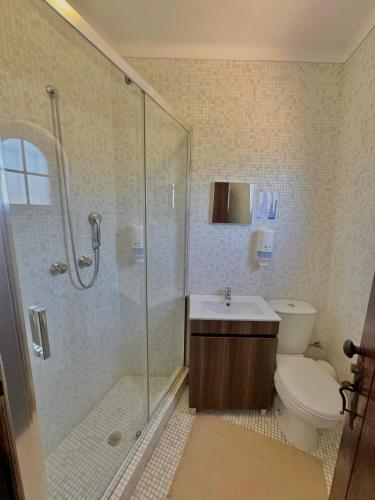a bathroom with a shower and a toilet and a sink at O Moinho de Vale da Mó in Anadia