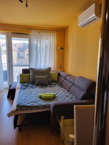 salon z kanapą i dużym oknem w obiekcie Kiss-Füredi Apartman Szeged w Segedynie