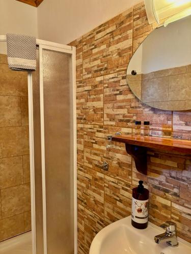 a bathroom with a sink and a shower at Iaspis Guesthouse in Kastoria