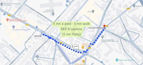 Une carte de la marche au dublin dans l'établissement Disponible - Appartement Entier - Matelas Emma - RERB, 5mn Paris - 2 pers - Parking Rue Gratuit - Tout équipé - 1er étage - 2, à Arcueil