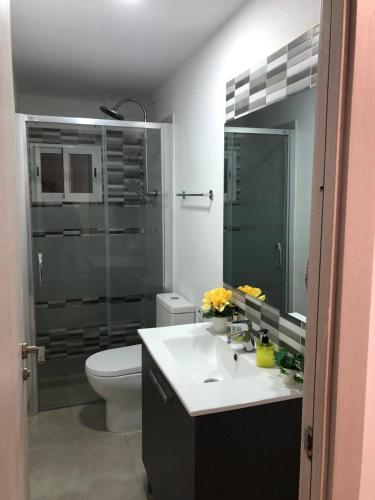 a bathroom with a toilet and a sink and a shower at Vila Peña Private Apartment with Shared Pool & Gardens in Cubelles