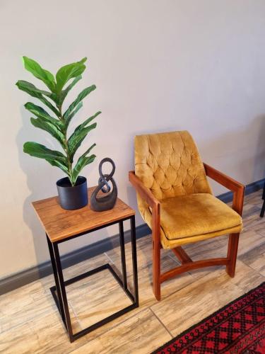 a chair and a table with a potted plant on it at On-the-Up at Molen in Potchefstroom