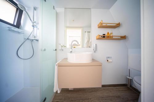 a bathroom with a sink and a shower at Schwimmende Ferienwohnung auf der Saar in Merzig