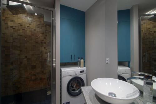 une salle de bain avec une machine à laver et un lavabo dans l'établissement Ty ar kazarn Foch - Colombier - Champ-de-Mars, à Rennes