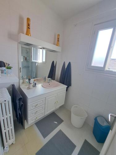 une salle de bain blanche avec un lavabo et un miroir dans l'établissement Maison de ville avec cour et terrasse, à Vichy